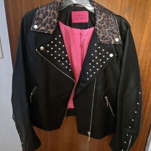 Black Studded Leather Jacket with Leopard Print Collar